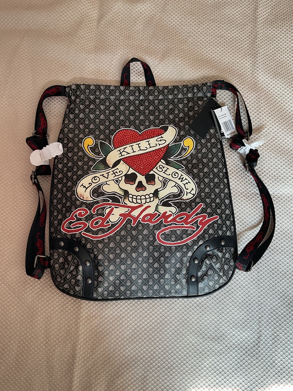 Ed Hardy Love Kills Slowly Skull & Rhinestone heart Drawstring Backpack Y2K